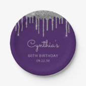 シルバーグリッター ドリップ パープル 60歳の誕生日パーティー ペーパープレート (正面)