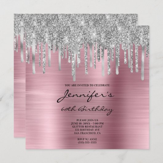 シルバーグリッター ドリップ ピンクフォイル 60歳の誕生日 招待状 (正面/裏面)