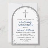 シルバーグリッター ネイビーブルー ファーストホーリーコミュニオン アーチ 招待状 (正面)