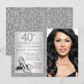 シルバーグリッター ハイ ヒール シューズ 40歳の誕生日 招待状 (正面/裏面)