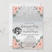 シルバーグリッター、バルーン、バラ退職パーティー 招待状 (正面)