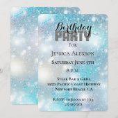 シルバーグリッター パーティー アクアブルー ボケ 誕生日 招待状 (正面/裏面)