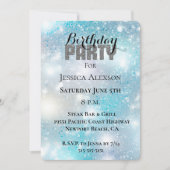 シルバーグリッター パーティー アクアブルー ボケ 誕生日 招待状 (正面)