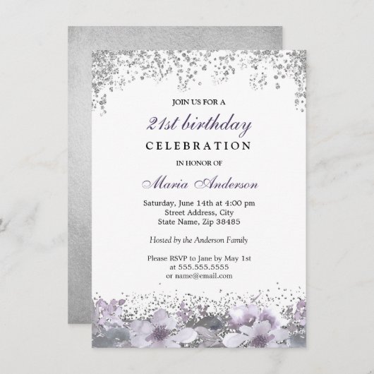 シルバーグリッター パープル フローラル 21歳の誕生日招待状 招待状 (正面/裏面)