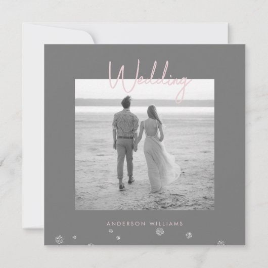 シルバーグリッター&ピンクフォトウェディングの日付を保存 セーブザデート (裏面)