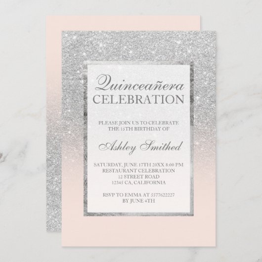 シルバーグリッター ピンク エレガント おしゃれな キンセアニエラ 招待状 (正面/裏面)