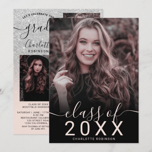 シルバーグリッター ピンク オンブレ 5枚 卒業写真 招待状 (正面/裏面)