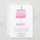 シルバーグリッター ピンク フラワー ケーキ 1歳の誕生日 招待状 (正面)
