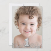 シルバーグリッター フォト 男の子 女の子 1歳 誕生日パーティー 招待状 (正面)