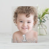 シルバーグリッター フォト 男の子 女の子 1歳 誕生日パーティー 招待状 (スタンド正面)