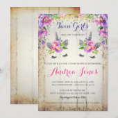 シルバーグリッター フラワー ユニコーン ベビーシャワー 招待状 (正面/裏面)