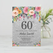 シルバーグリッター フラワー 60歳の誕生日招待状 招待状 (スタンド正面)