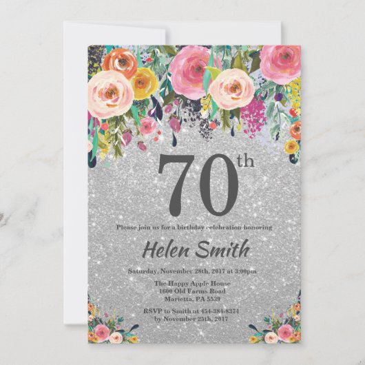 シルバーグリッター フローラル 70歳の誕生日招待状 招待状 (正面)