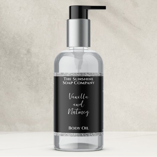 シルバーグリッター&ブラック化粧品ボトルラベル 長方形シール