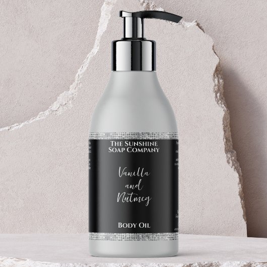 シルバーグリッター&ブラック化粧品ボトルラベル 長方形シール