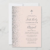 シルバーグリッター ブラッシュピンク 初めての聖体拝領 招待状 (正面)