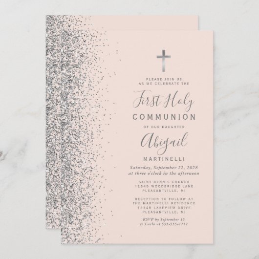 シルバーグリッター ブラッシュピンク 初めての聖体拝領 招待状 (正面/裏面)