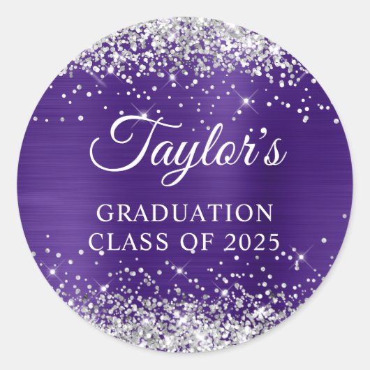 シルバーグリッター プレティー ダークパープル ホイル 卒業 ラウンドシール (正面)