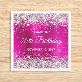 シルバーグリッター+ホットピンク箔 50歳の誕生日 スタンダードカクテルナプキン