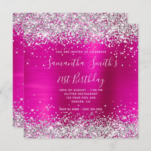 シルバーグリッター ホットピンク フォイル 21歳の誕生日 招待状 (正面/裏面)