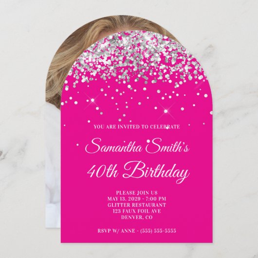 シルバーグリッター ホットピンク フォト 40歳の誕生日 招待状 (正面/裏面)