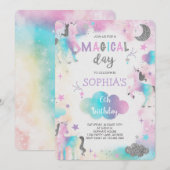 シルバーグリッター マジカル ユニコーン バースデー 招待状 (正面/裏面)