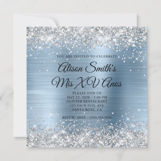 シルバーグリッター ライトブルー モノグラム Mis XV Anos 招待状 (正面)