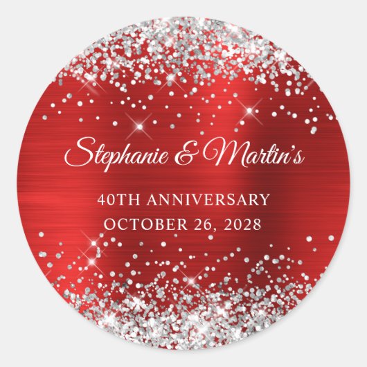 シルバーグリッター レッドホイル 40周年結婚記念日 ラウンドシール (正面)