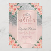シルバーグリッター《写真》ぼけ味、ティアラフローラスウィート16パーティー 招待状 (正面/裏面)
