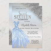 シルバーグリッター《写真》ぼけ味、ブルードレスシルバースウィート16 招待状 (正面/裏面)