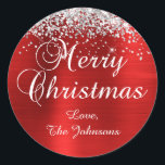 シルバーグリッター 赤ホイル merry christmas ラウンドシール<br><div class="desc">ファンシーなカリグラフィー「Merry Christmas」封筒シールステッカー　あなたのホリデーグリーティングカードに。
ご家族の名前を必要に応じてフォントサイズやスタイルをカスタマイズできます。
きらきらするシルバーのグリッターと赤いブラシのメタリックスタイルのホイルは、写真のように印刷されるデジタルアートエレメントです。</div>