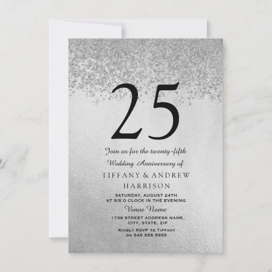 シルバーグリッター 25周年結婚記念日招待状 招待状 (正面)