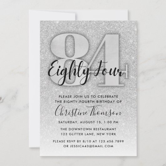 シルバーグリッター 84歳の誕生日招待状 招待状 (正面)