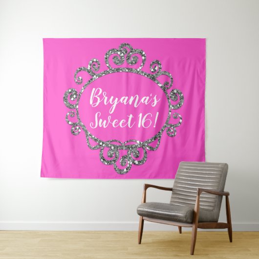 シルバーグリッターANY COLOR Birthday Party Backdrop タペストリー (インサイチュ(横))