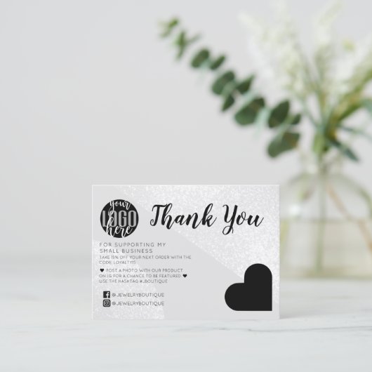 シルバーグリッターGeoハートロゴお客様ありがとう 名刺 (スタンド正面)