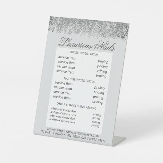 シルバーグリッタ爪、 ネイルヘアスパサロンメニュー価格 台座サイン (正面)