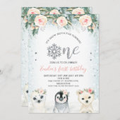 シルバーグリットラーワンウィンターアニマルズ1st誕生日 招待状 (正面/裏面)