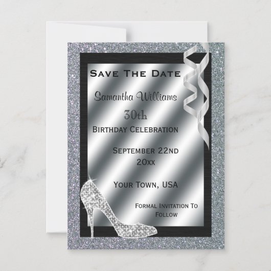 シルバーグリティスティレット&ストリーマー30th誕生日 マグネット招待状 (正面)