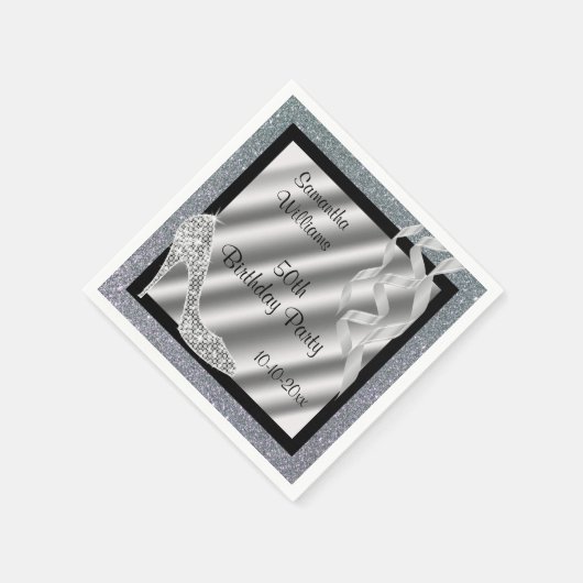 シルバーグリティスティレット&ストリーマー50誕生日 スタンダードカクテルナプキン (角)