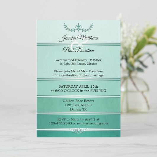 シルバーグリーンストライプのトーンポ結婚スト 招待状 (スタンド正面)