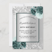 シルバーグリーンフローラエレガント誕生日 招待状 (正面)