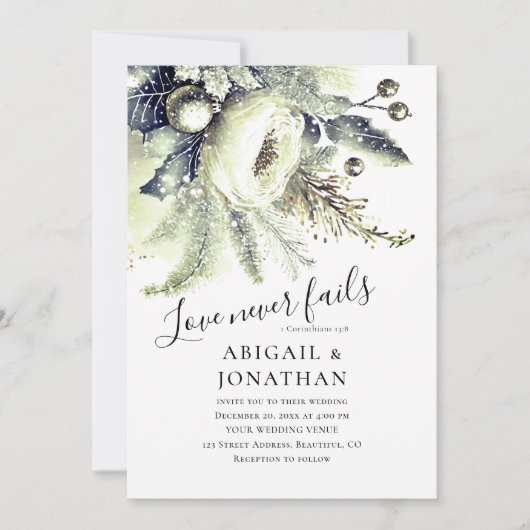 シルバーグリーン冬フローラキリスト教結婚聖書 招待状 (正面)