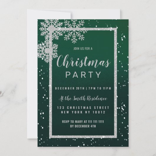 シルバーグリーン白い雪の結晶クリスマスパーティー 招待状 (正面)