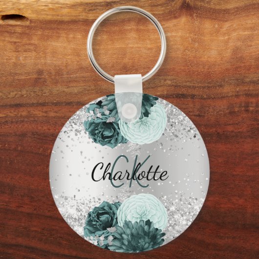 シルバーグリーン花模様エレガント名 キーホルダー (正面)