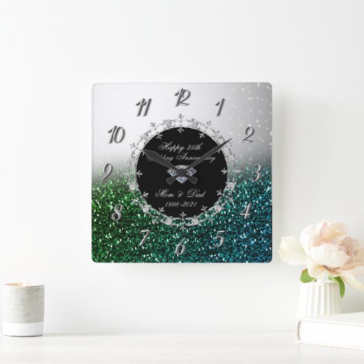 シルバーグリーン輝結婚き25周年 スクエア壁時計 (ホーム)