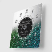 シルバーグリーン グリッター 25周年記念 結婚式 スクエア壁時計 (傾斜)