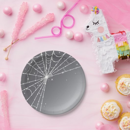 シルバーグレイとホワイトダイヤモンドきらめくスパイダーウェブ ペーパープレート (パーティー)