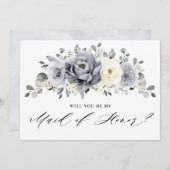 シルバーグレイアイボリーが私のメイド・オブ・オーナー(花嫁付き添い人) 招待状 (正面/裏面)