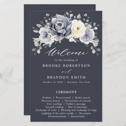 シルバーグレイアイボリーフローラウィンターウェディングプログラム (正面/裏面)