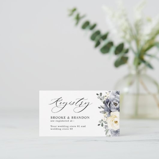 シルバーグレイアイボリーフローラウィンターウェディングレジストリ エンクロージャーカード (スタンド正面)